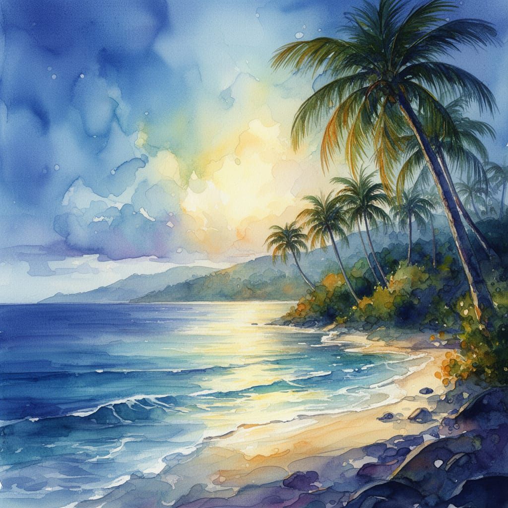 Vibrant Tropical Island in Watercolor Impressionism Style