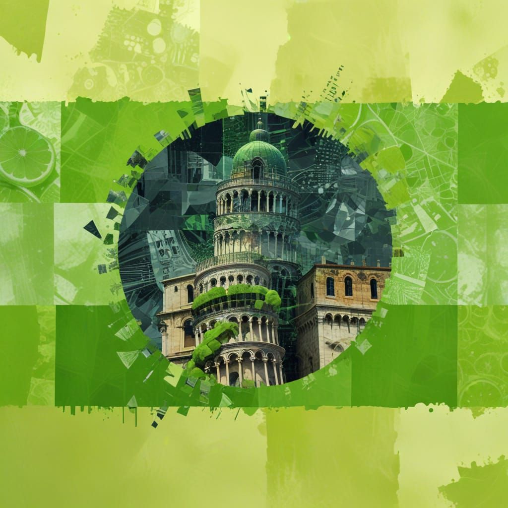 Pisa Tower and Lime Fruit in Glitch Art Style