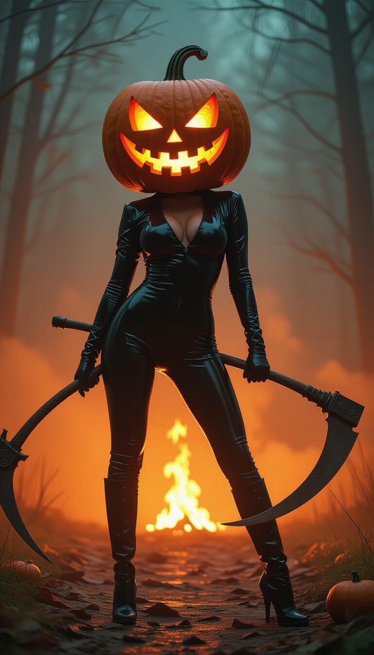 Horror Film Reality: Demonic Pumpkin Head Woman with Scythe