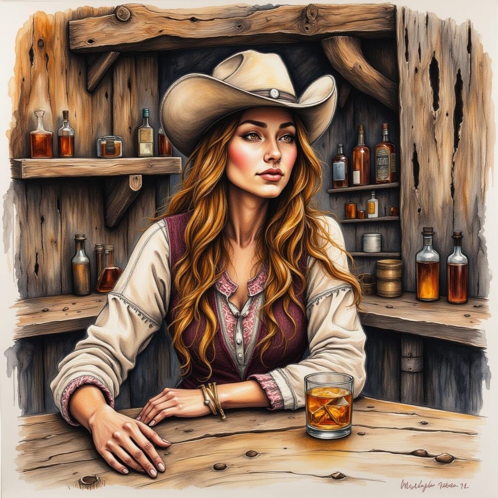 Contemplative Woman in Saloon, Colored Pencil Style