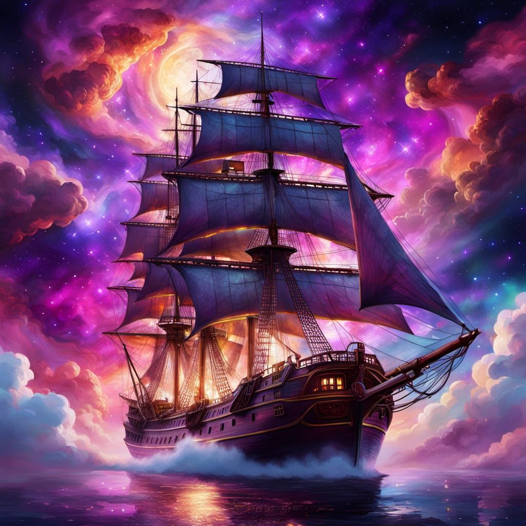 Schooner Sailing Through Nebula: A Digital Fantasy Painting