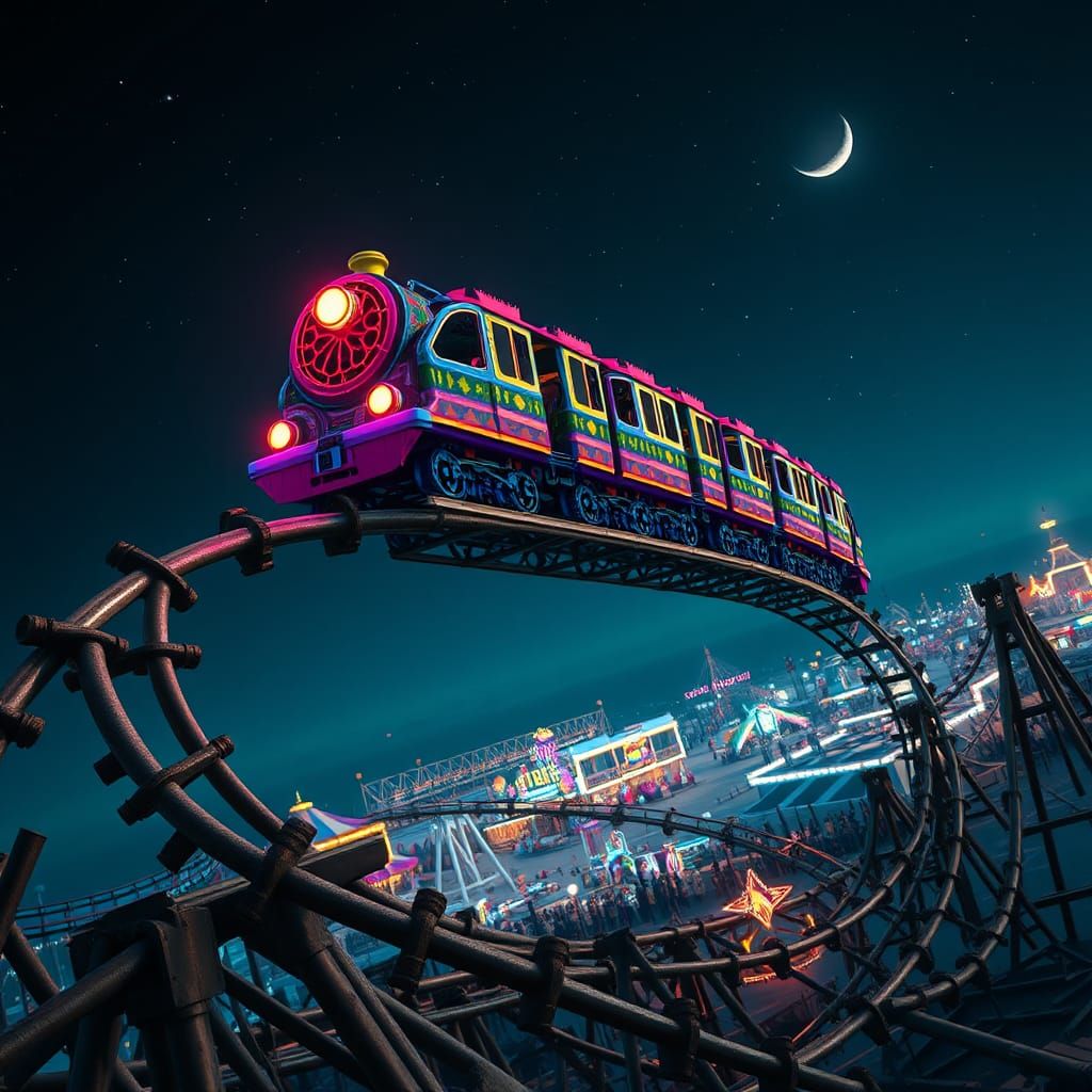 Technicolor Roller Coaster Train Suspended in Starry Night S...