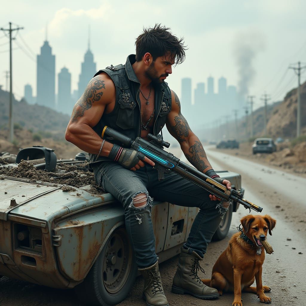 War-Torn Survivor Seated on Armored Transport in Ruined City...