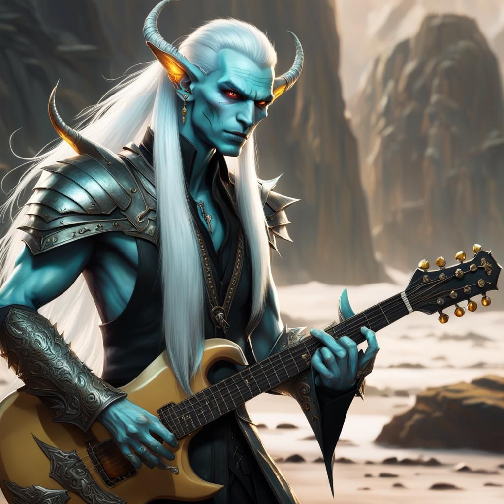 Ivory Skinned Rockstar Elf with Twisted Horns and Feathered...