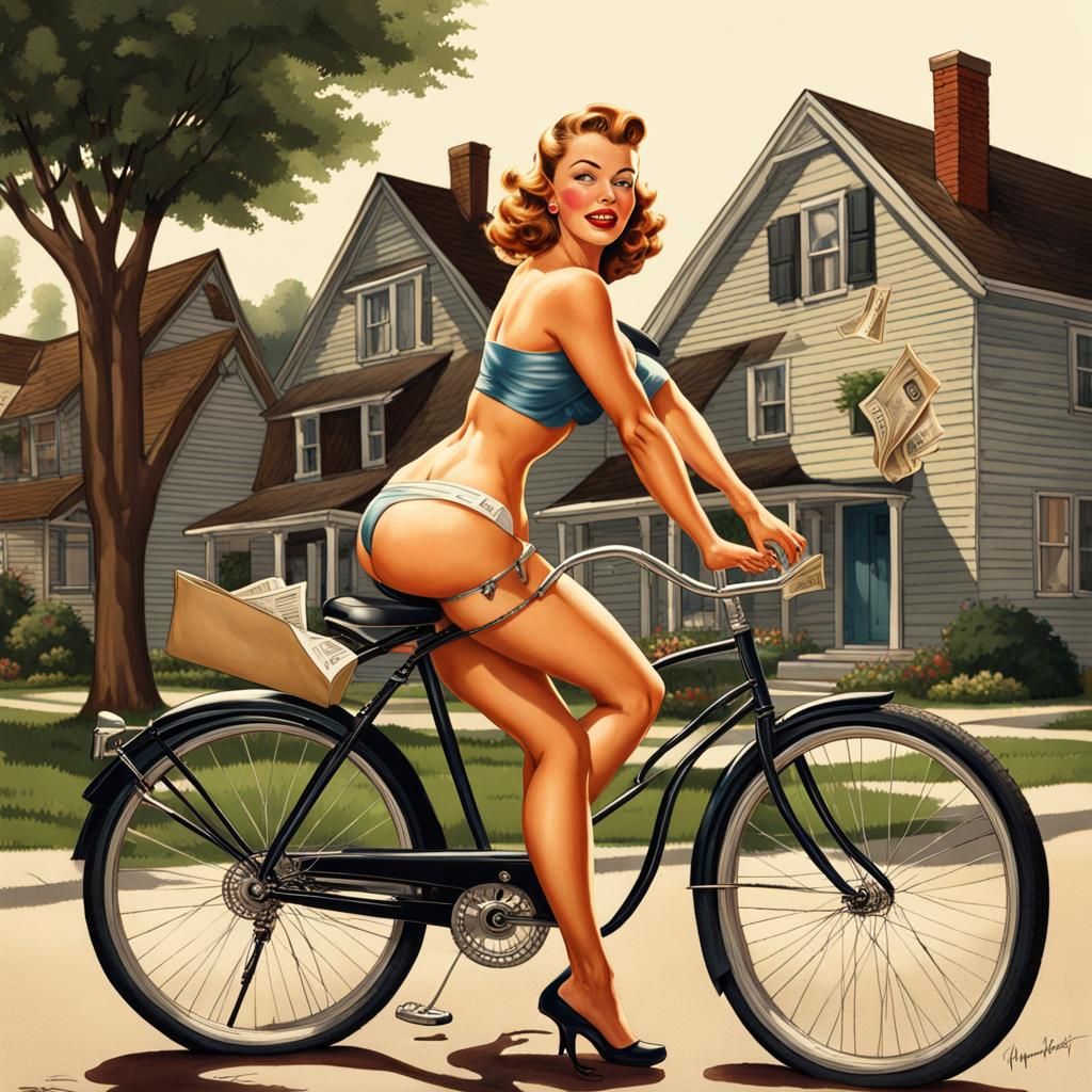 Pin-Up Girl in Bikini Delivers Newspapers in Mid-Century Nei...