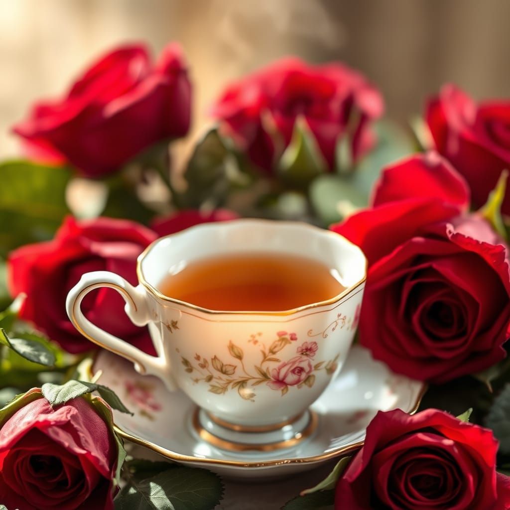Magical cup of tea with red roses