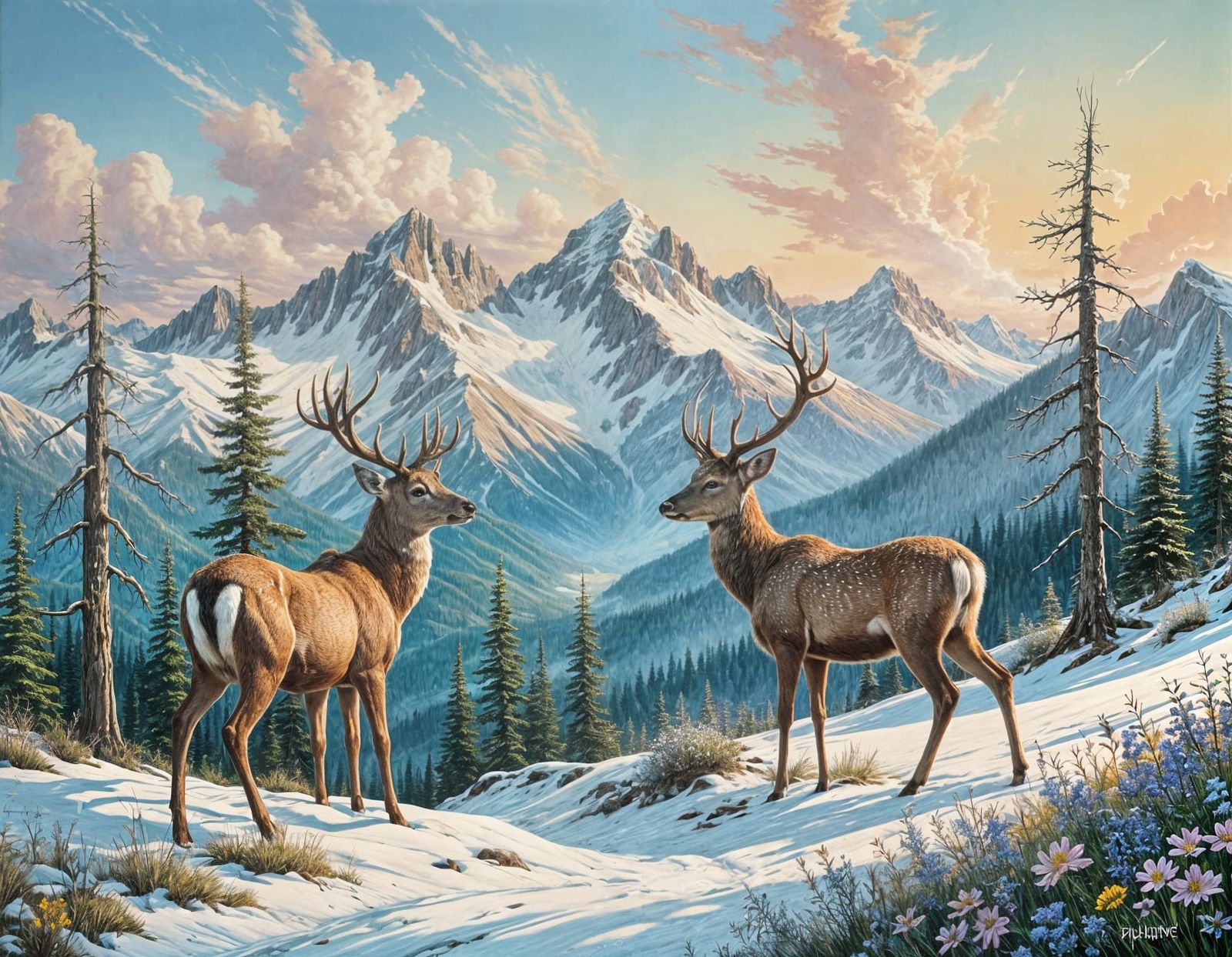 Dadaism Painting: Majestic Deer in Mountain Landscape
