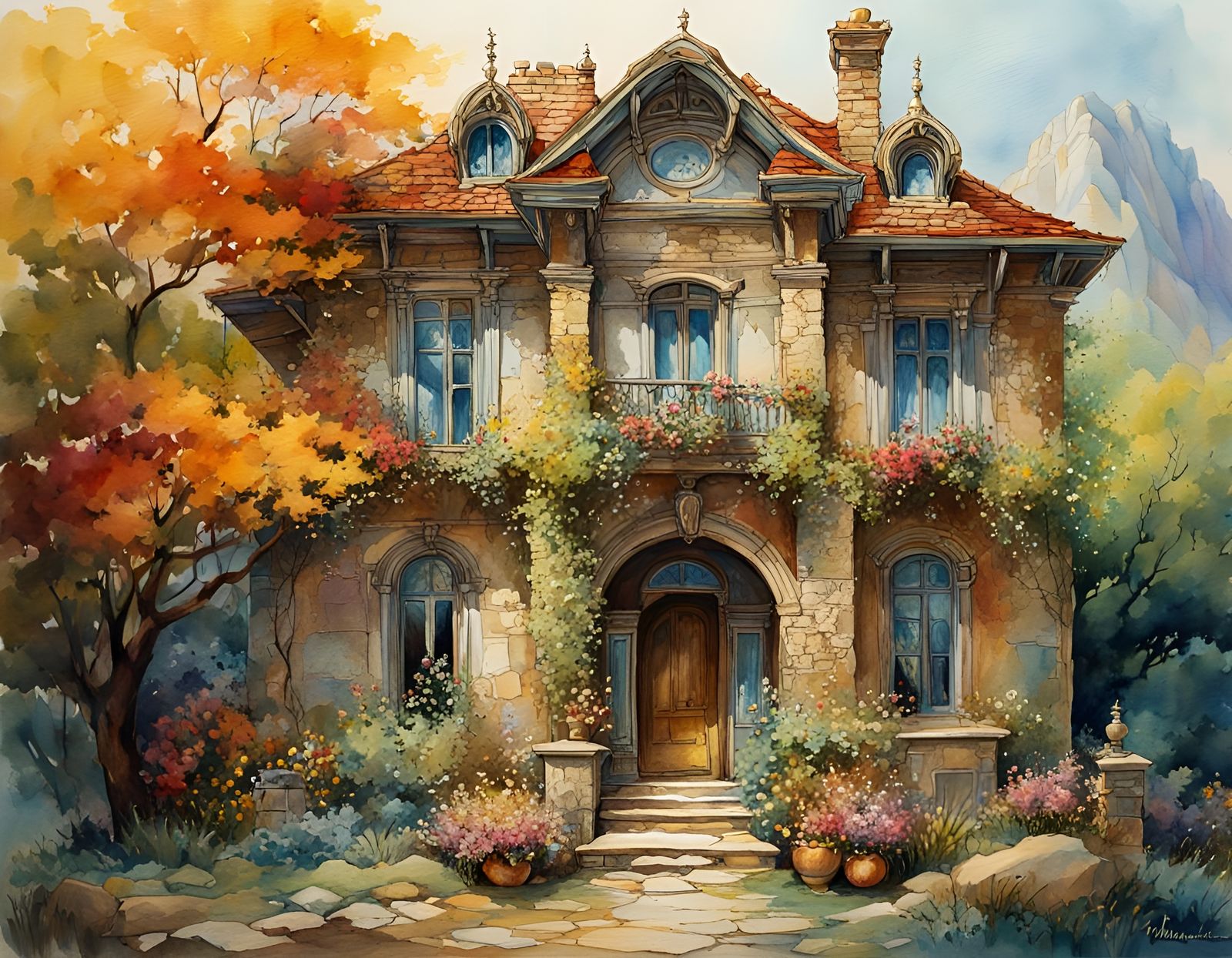 Eroding Ancient Stone House in Intricate Watercolor Style