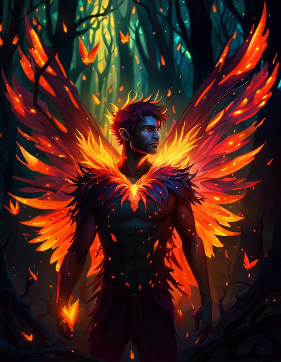 Vibrant Male Fairy with Wings of Flame in Dark Forest