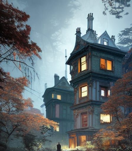 Surreal Victorian Metropolis Over Sinister Woods in Cinemato...