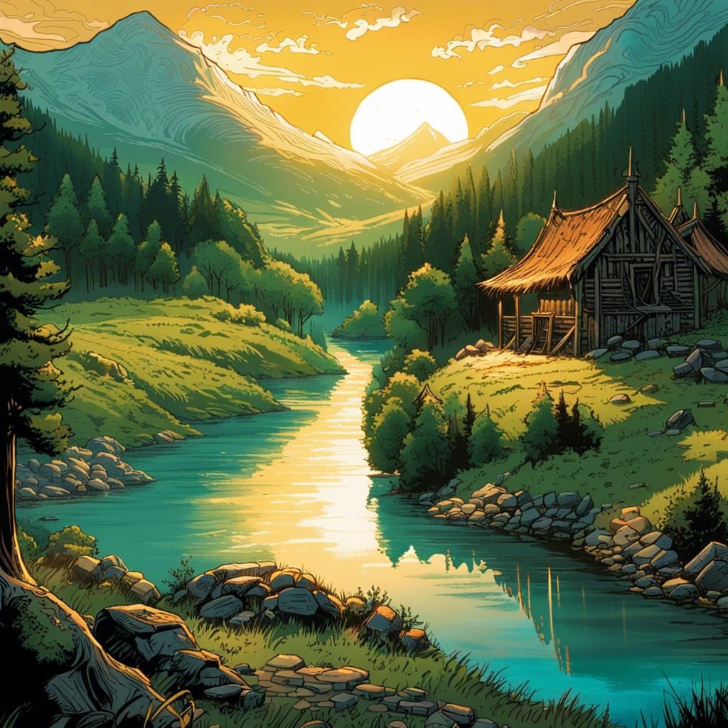 Sunlit Viking Village by Lake in Comic Style