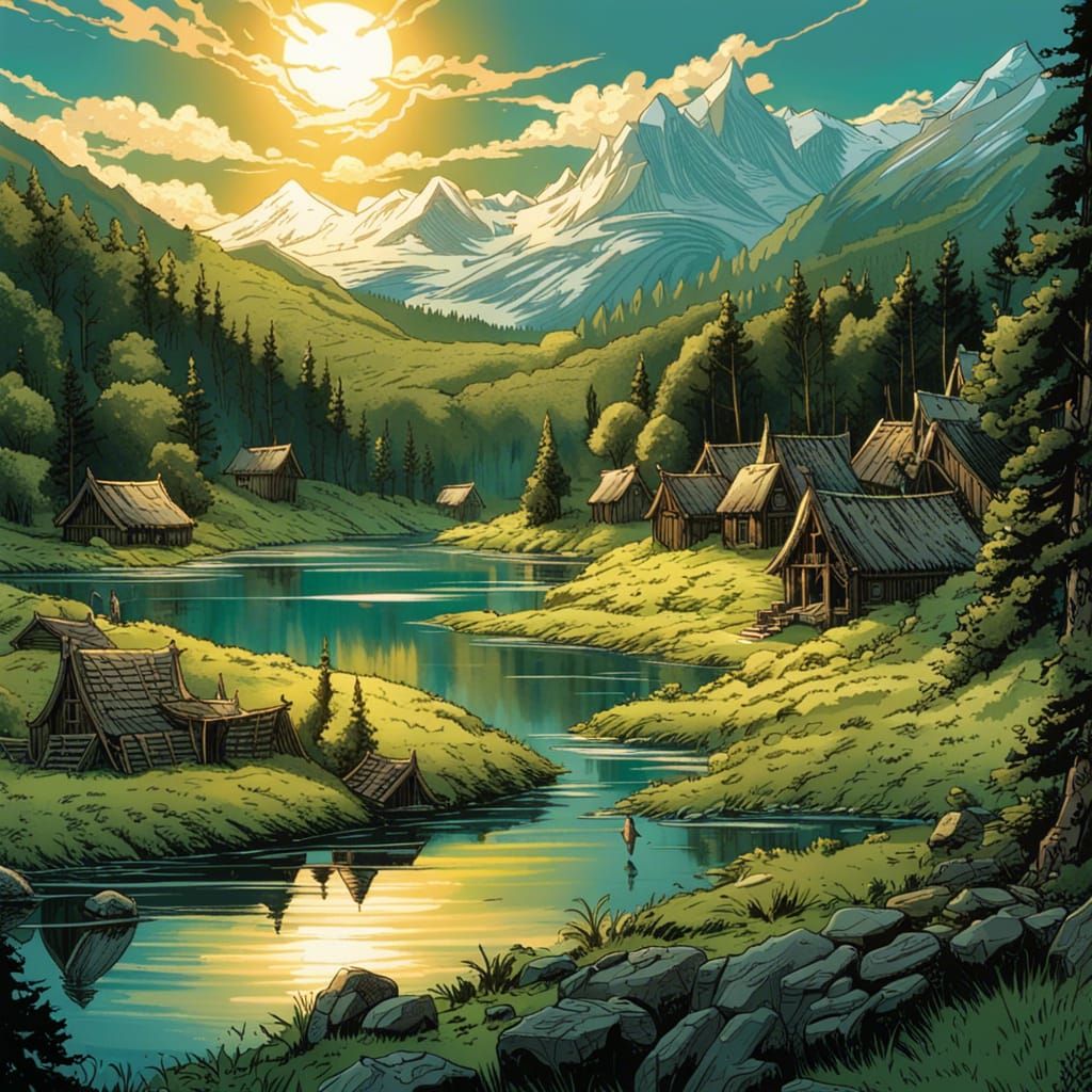 Viking Village by Lake in Sunlight, Comic Book Art