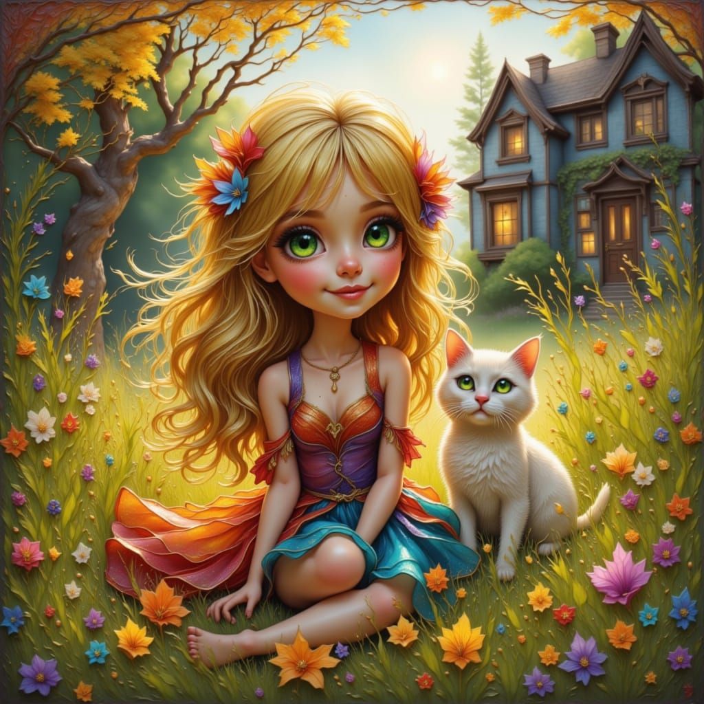 Joyful Girl and Cat in Sunny Garden