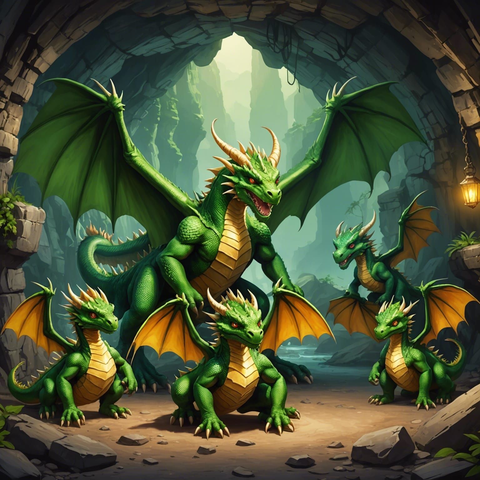 Majestic Green Dragon in Dark Cave