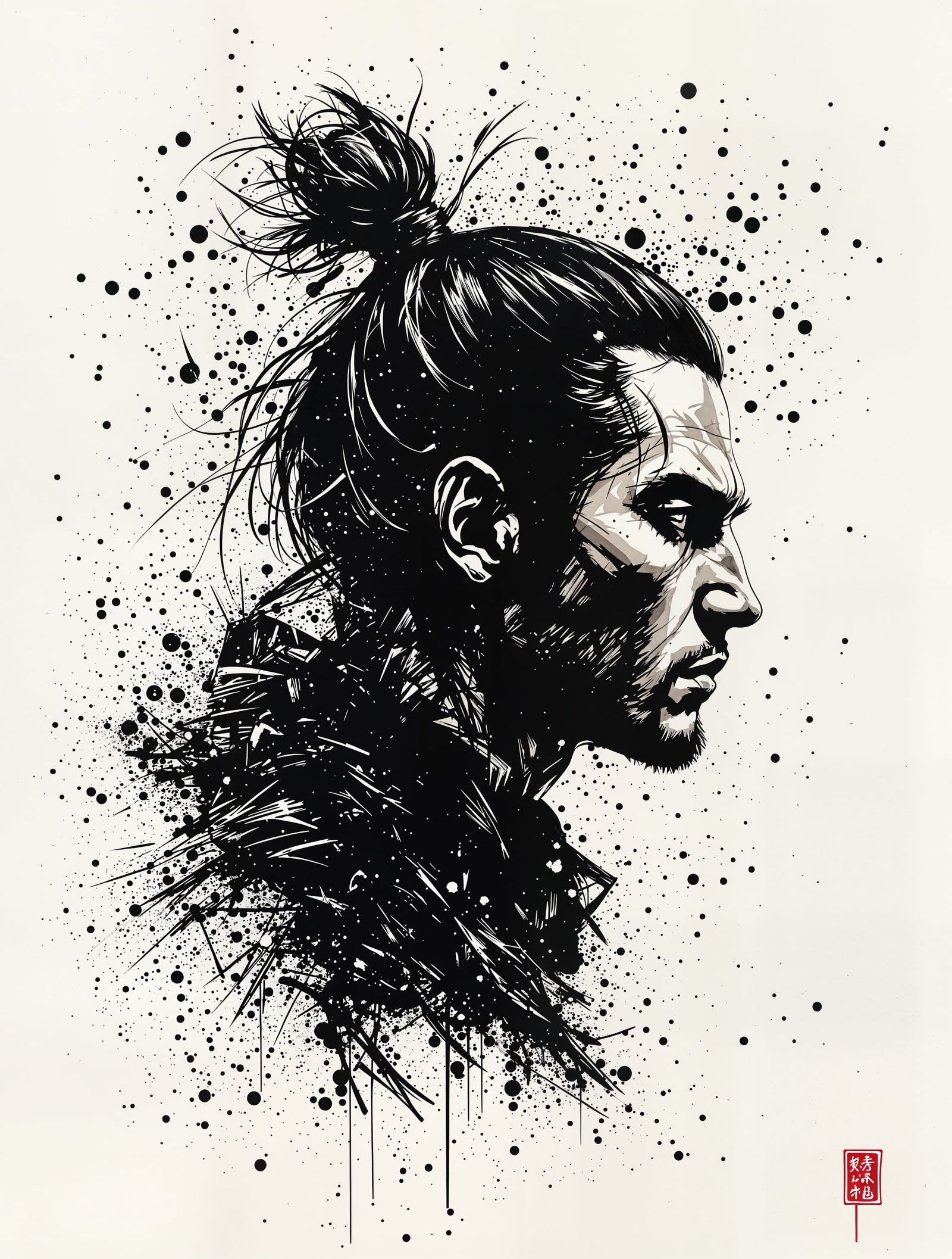 Stylized Samurai Portrait in Bold Black Ink