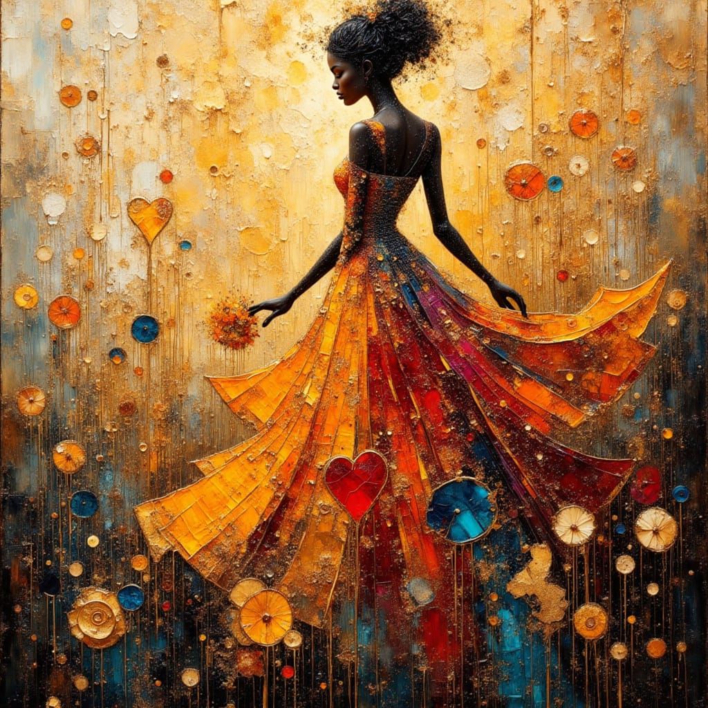 African Princess Silhouette With Hearts in Encaustic Style