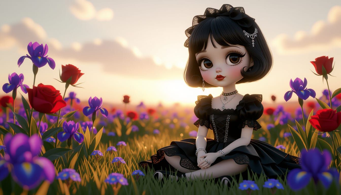 Gothling in Sun-Drenched Field of Luminescent Flowers