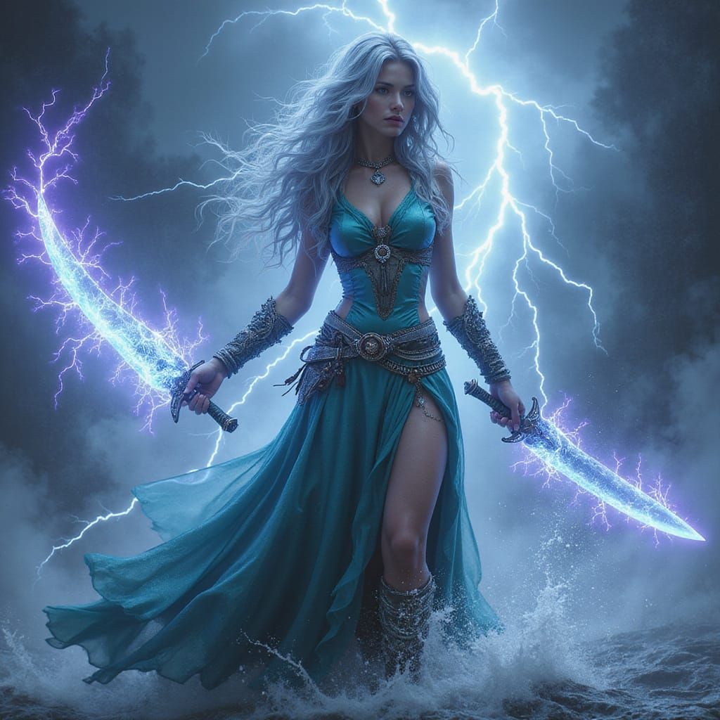Dark Fantasy Storm Sorceress with Lightning and Water Swords