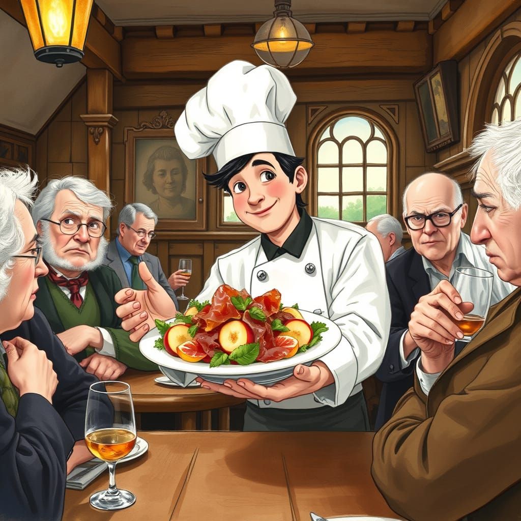 Whimsical Peach Salad in British Pub, Gouache Style