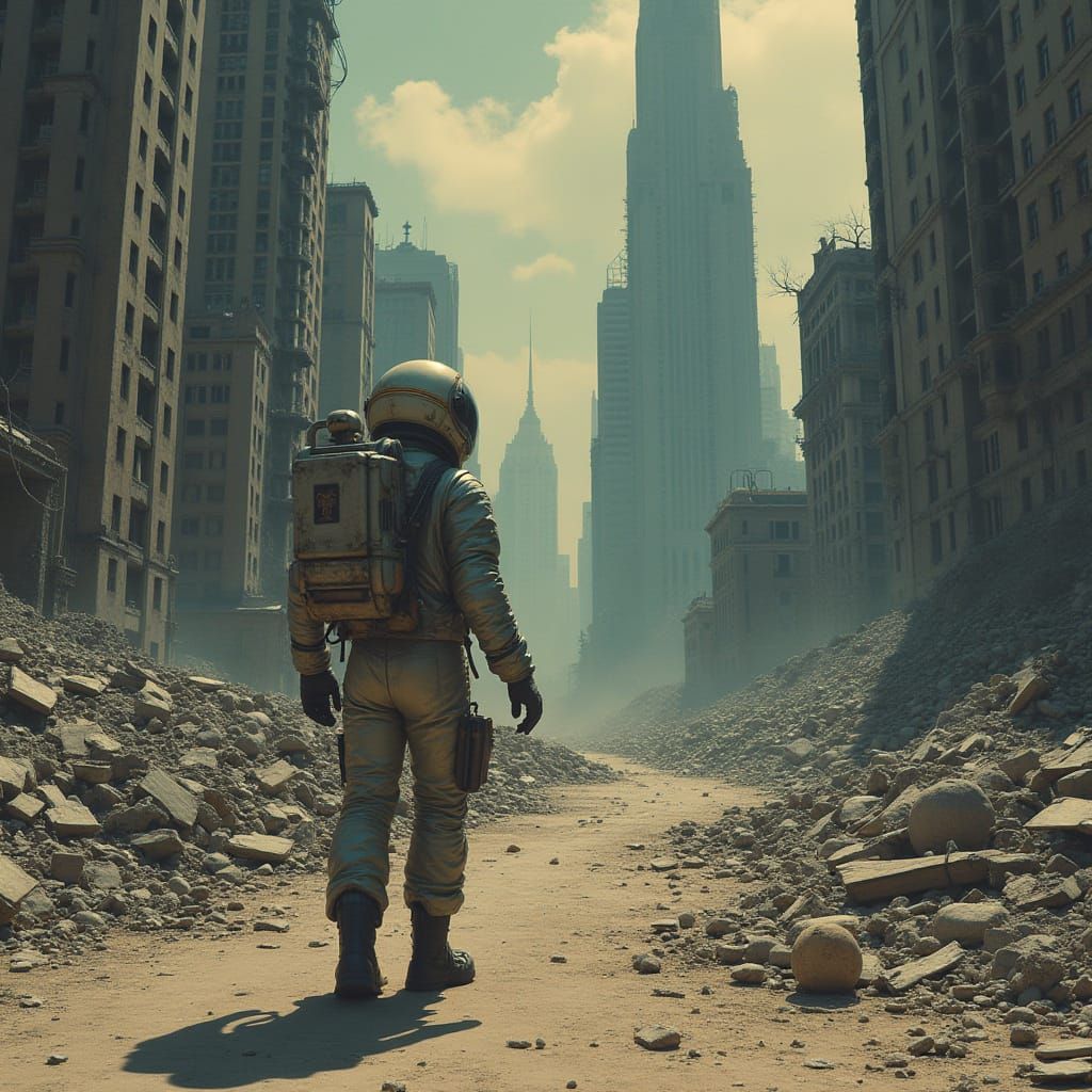 Astronaut Wanders Ruins in Retro-Futuristic Dystopia