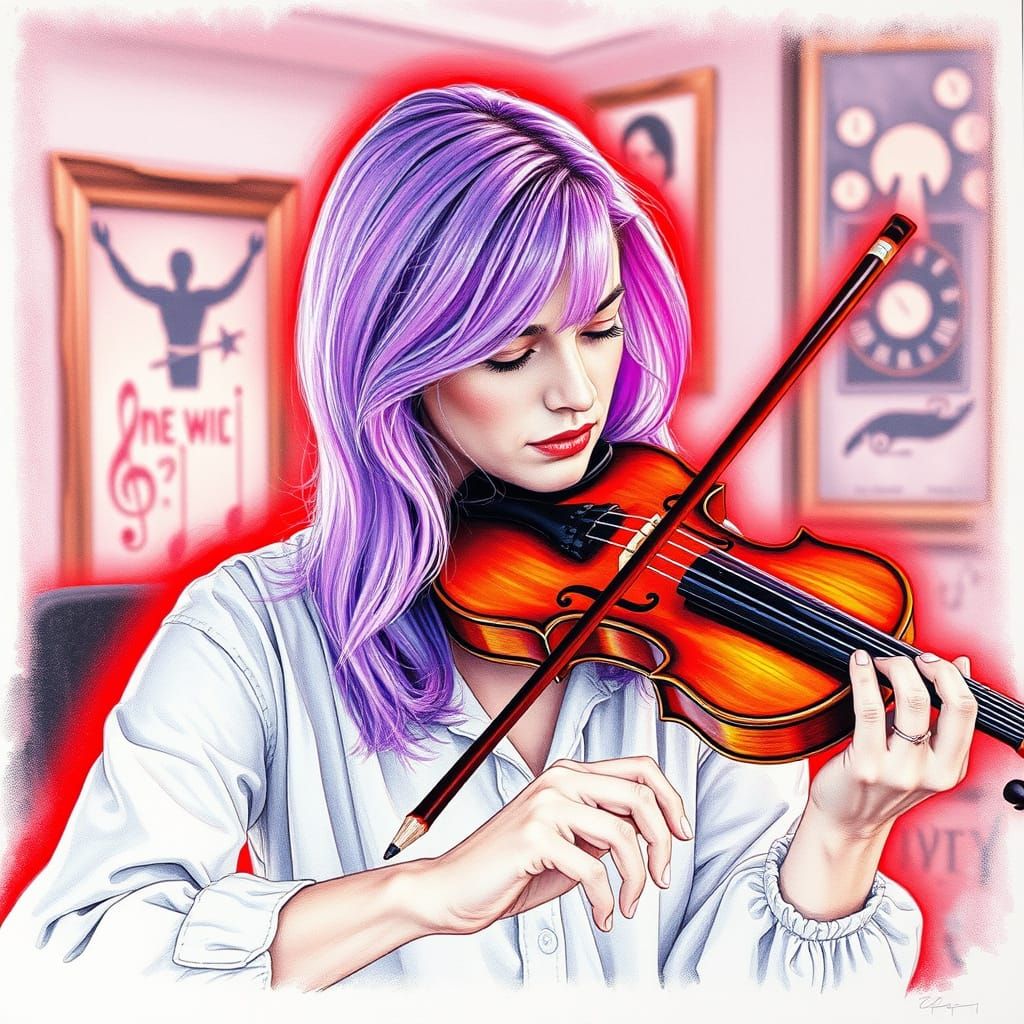 Pencil Sketch Painting of Woman Playing Violin