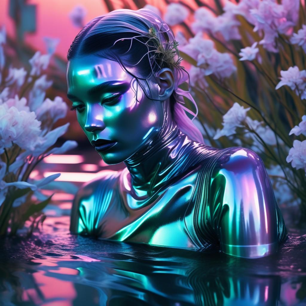 Ethereal Dystopian Hybrid in Pastel Hues and Iridescent Flor...