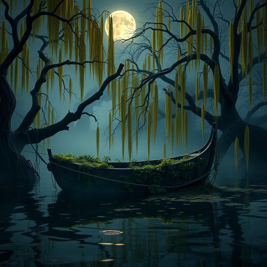 Abandoned Canal Boat Amidst Willow Trees Under Sickle Moon