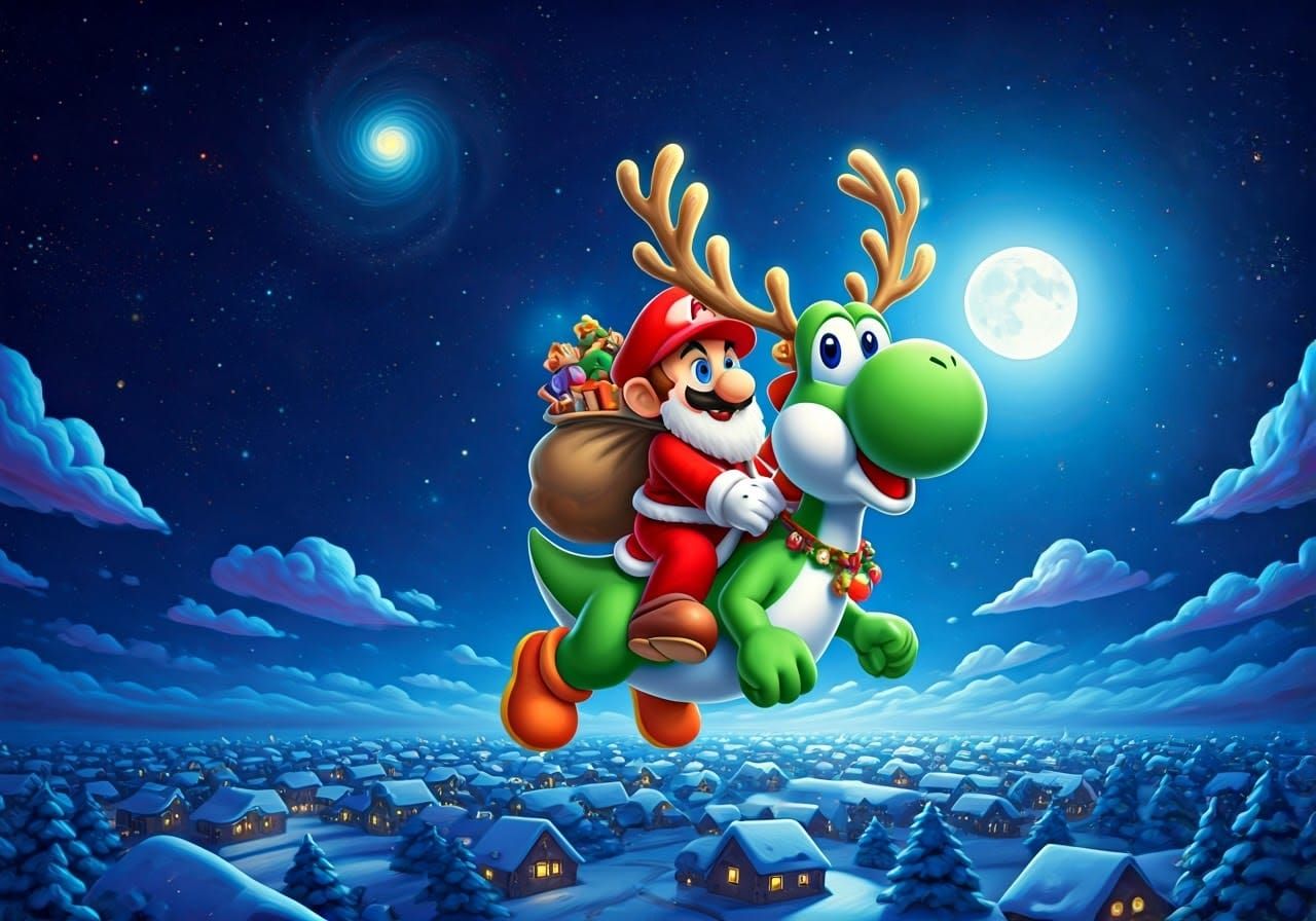 Mario's Festive Flight Under Starry Skies