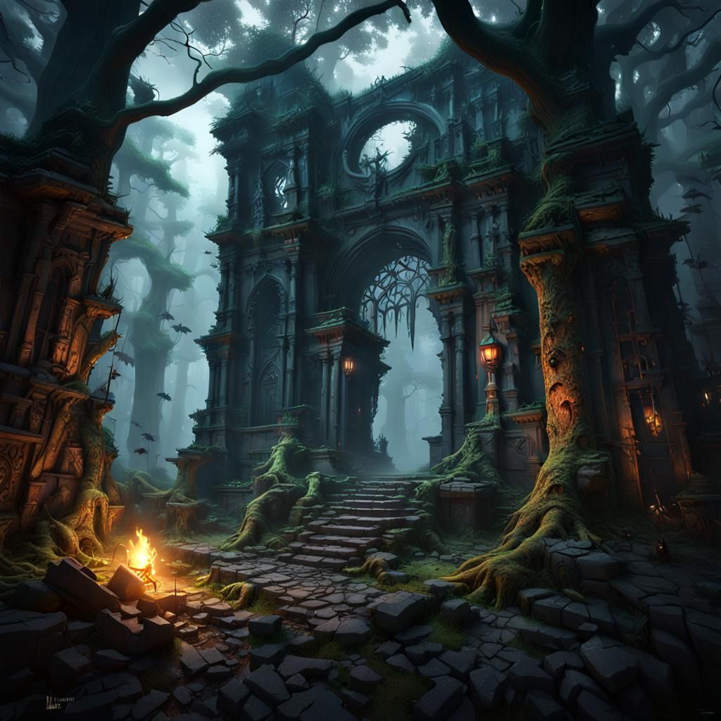 Dark Fantasy Ruins in Mysterious Forest