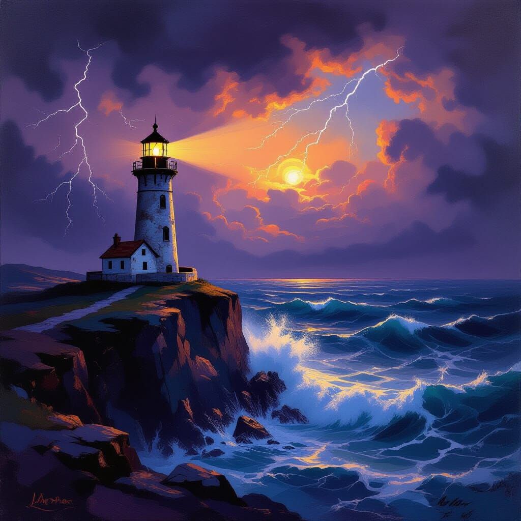 Lighthouse in Stormy Sea Oil Painting