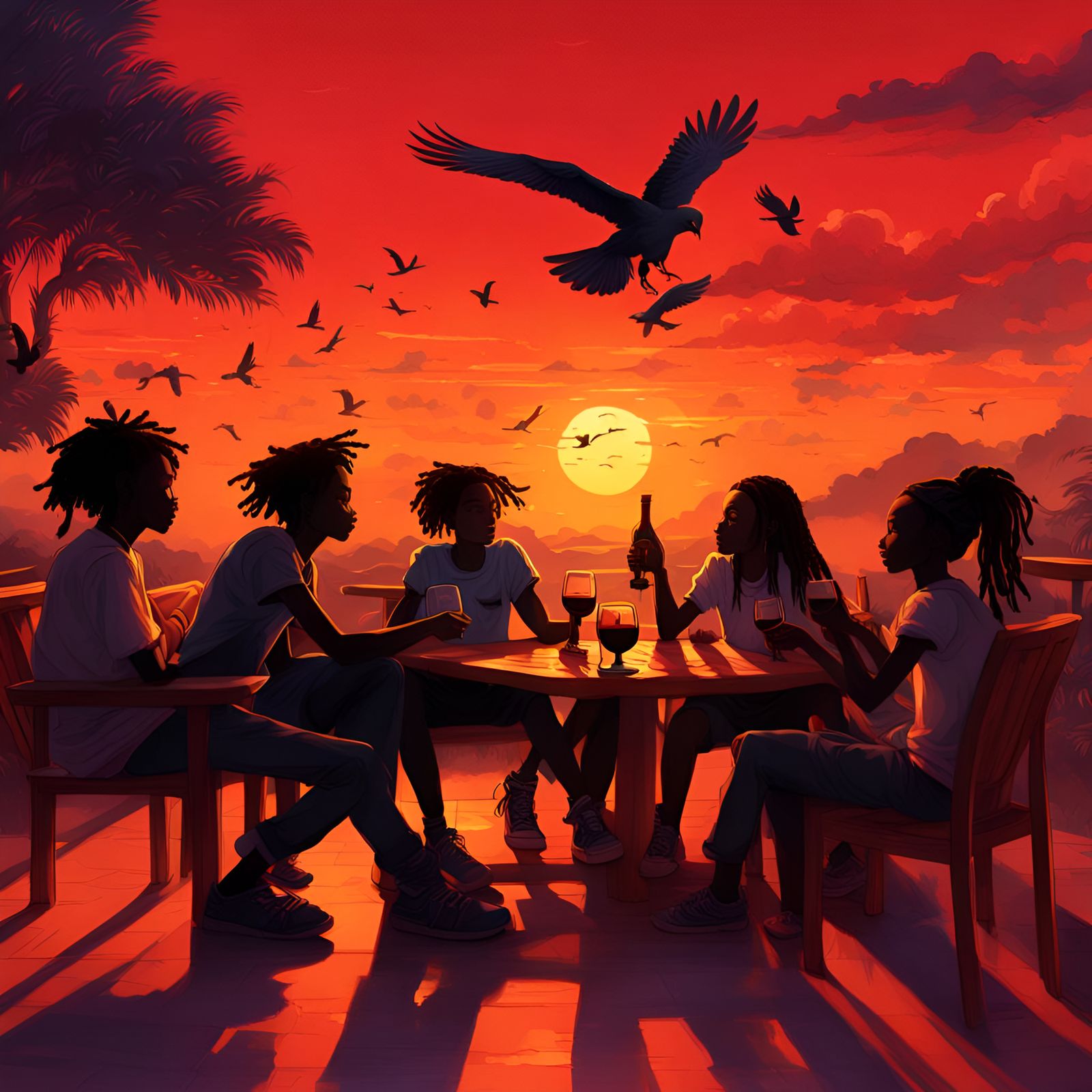 Vibrant Young Africans Bask in Amber Sunset with Birds in Fl...