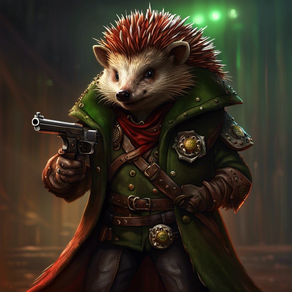 Fantasy Gunslinger Hedgehog in Dark Fantasy Art Style