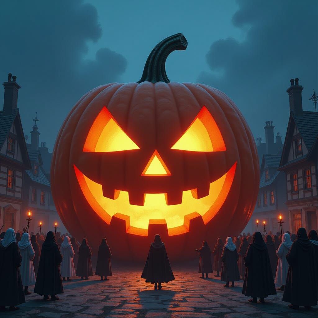 Colossal Jack-o'-Lantern Illuminates Village Square
