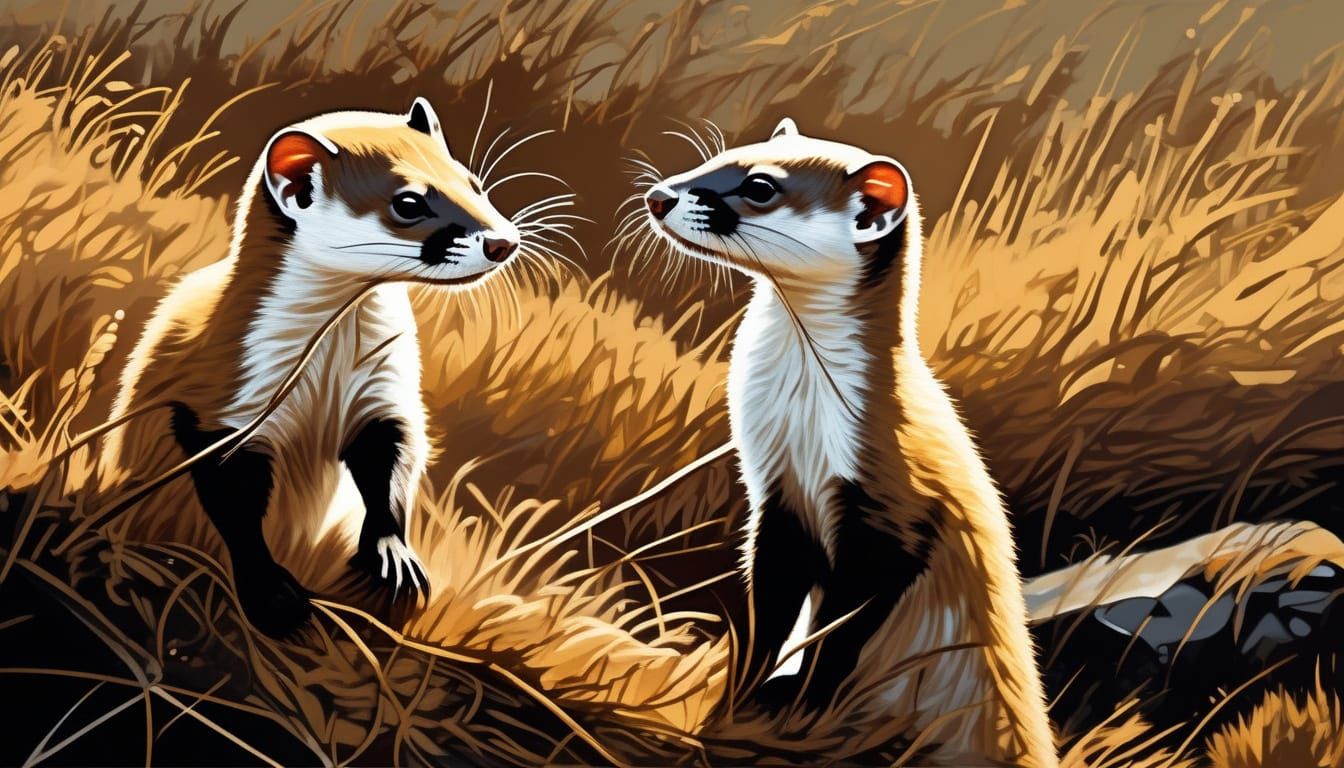Stoats in Heathland: Oil Painting with Vivid Textures