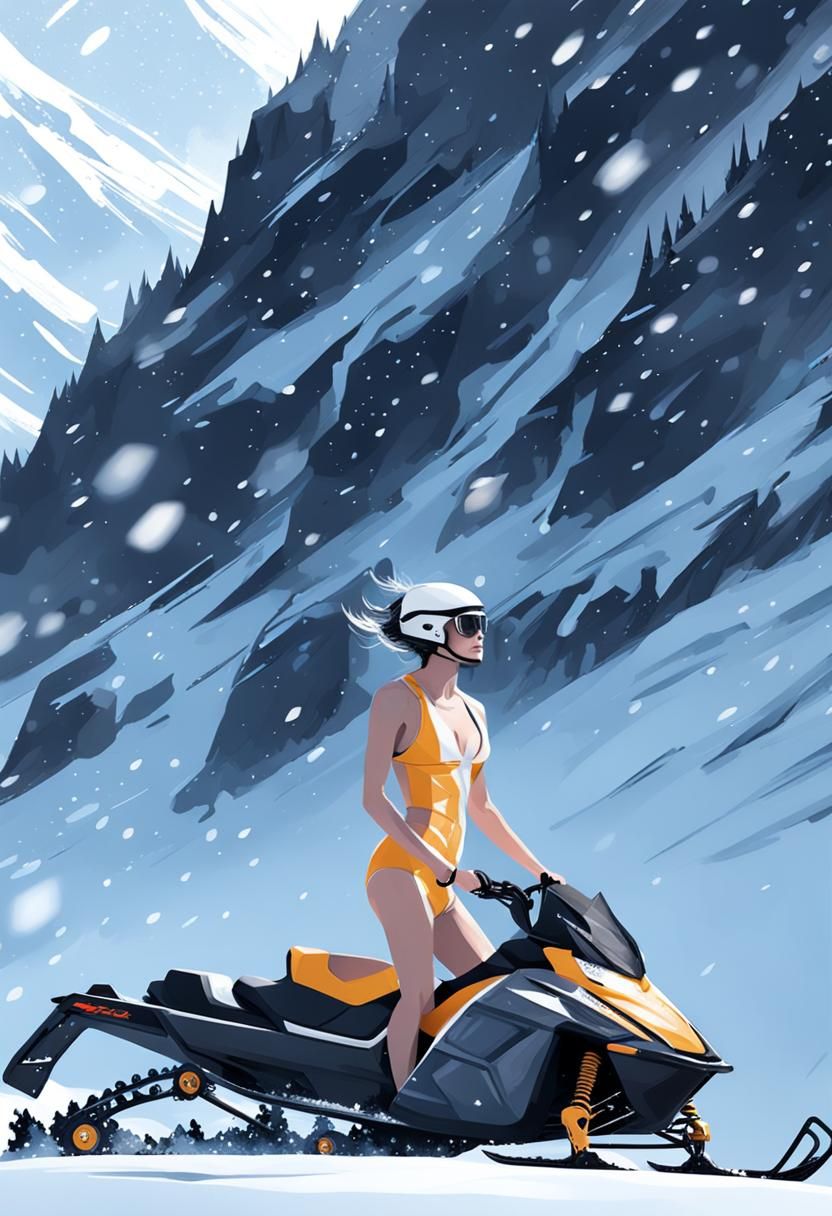Girl Rides Snowmobile through Snowy Mountains in a Vibrant,...