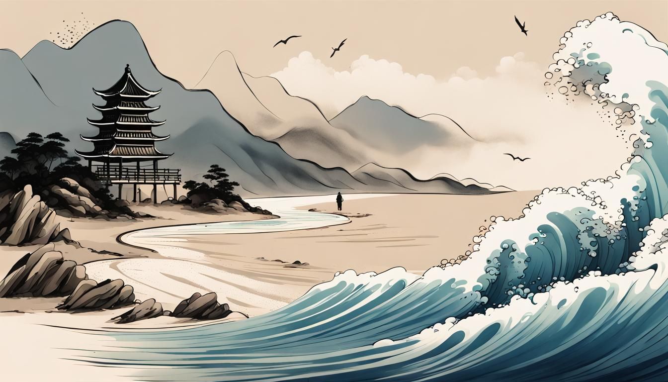 Ethereal Coastal Landscape in Traditional Chinese Ink Style