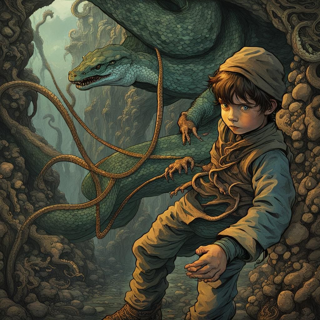 Mystical Child Pursued by a Dark Serpent in a Fantastical Re...