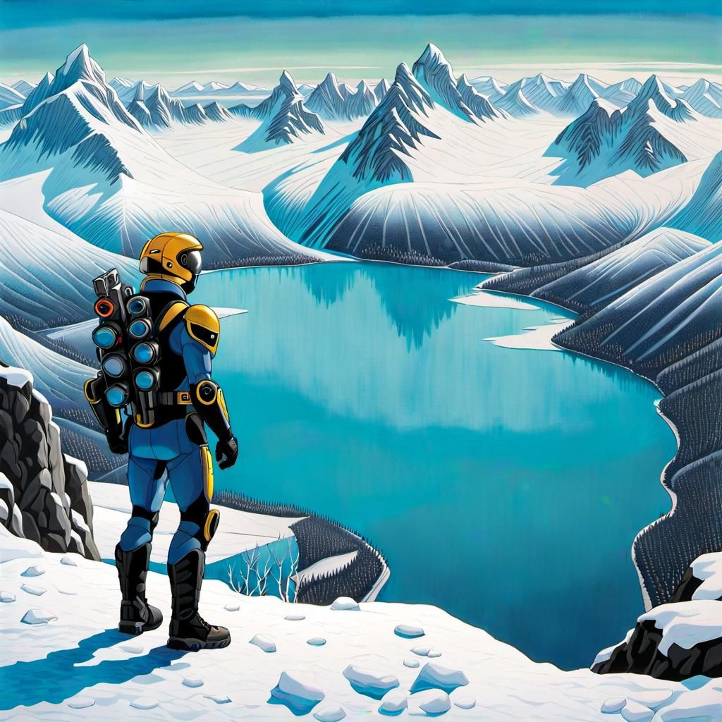 Cyborg Bottle Sentinel Amid Winter's Frost