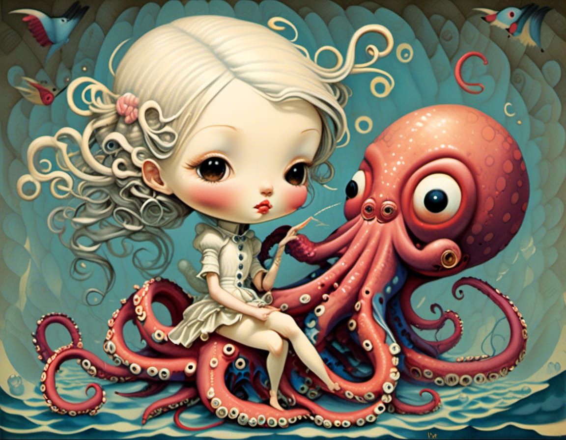 Chibi chibi doll, all cutesy and small,
wants a little kiss from the octopus toy so
flirts with her rosy cheeks and cute...