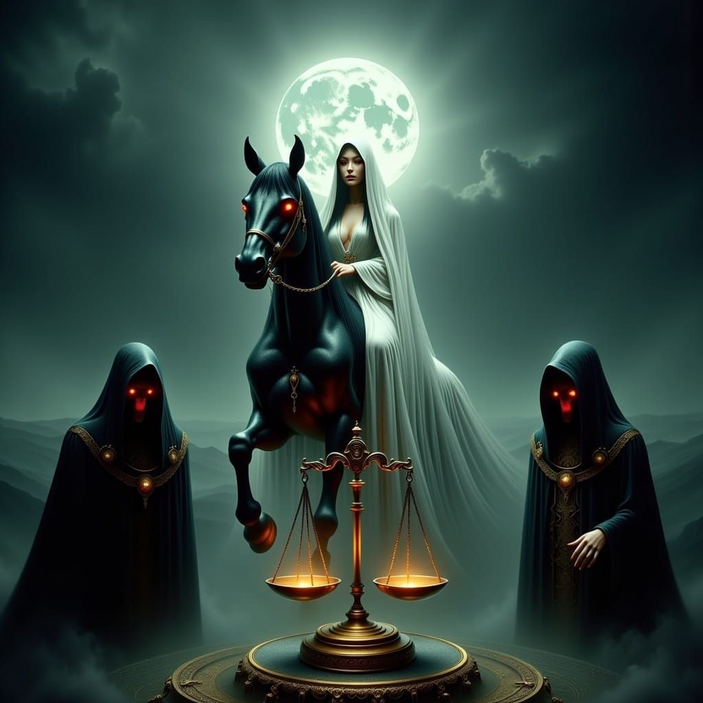 Woman on Horseback Weighs Fates in Dark Fantasy Scene