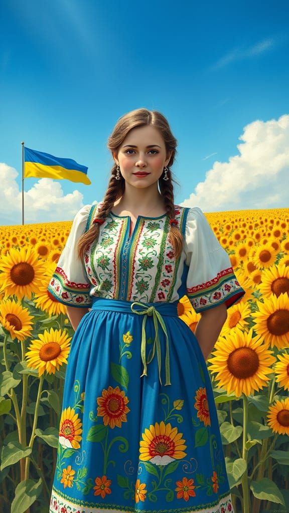 Young Ukrainian Woman in Vibrant Sunflower Field with Folk-A...