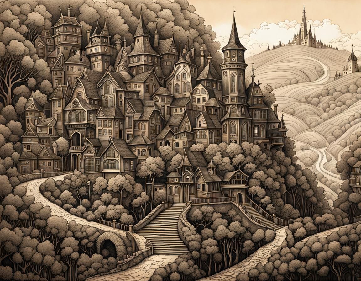Whimsical Hilly Town in Modern Ink Painting