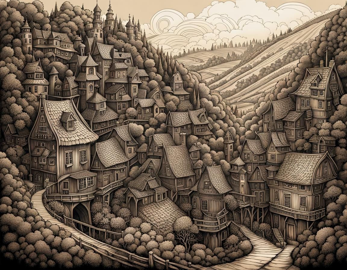 Whimsical Hilly Town in Ink Painting Style