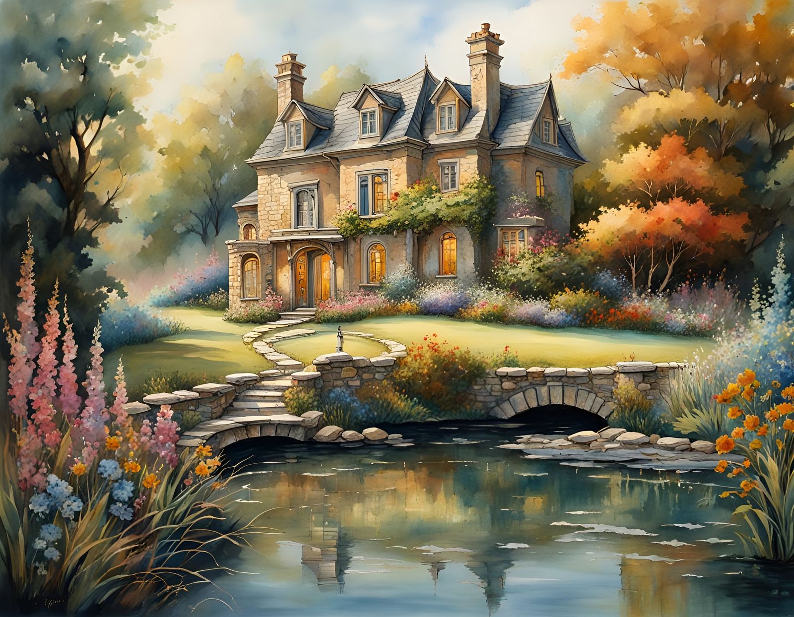 Ancient Art Nouveau Stone House with Vibrant Wildflowers