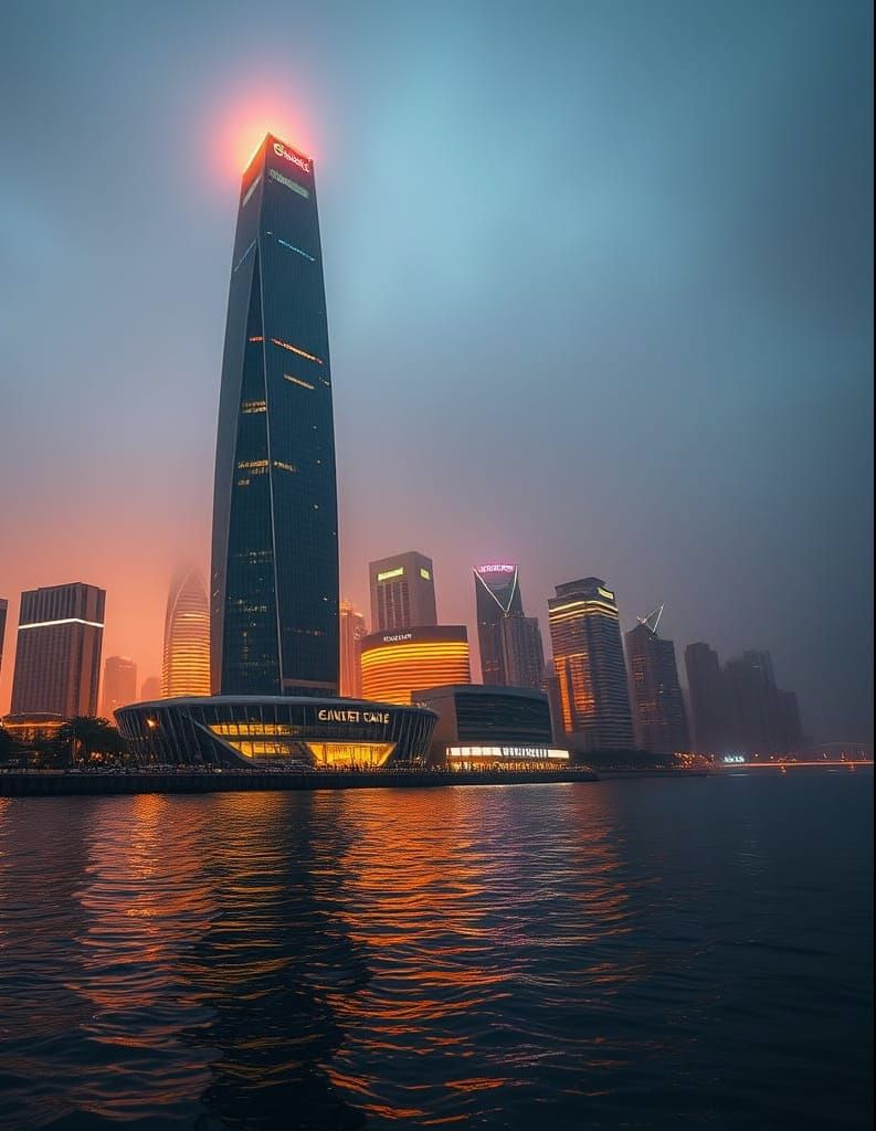Sleek High Rise Towers Reflected in Rainy River at Dusk