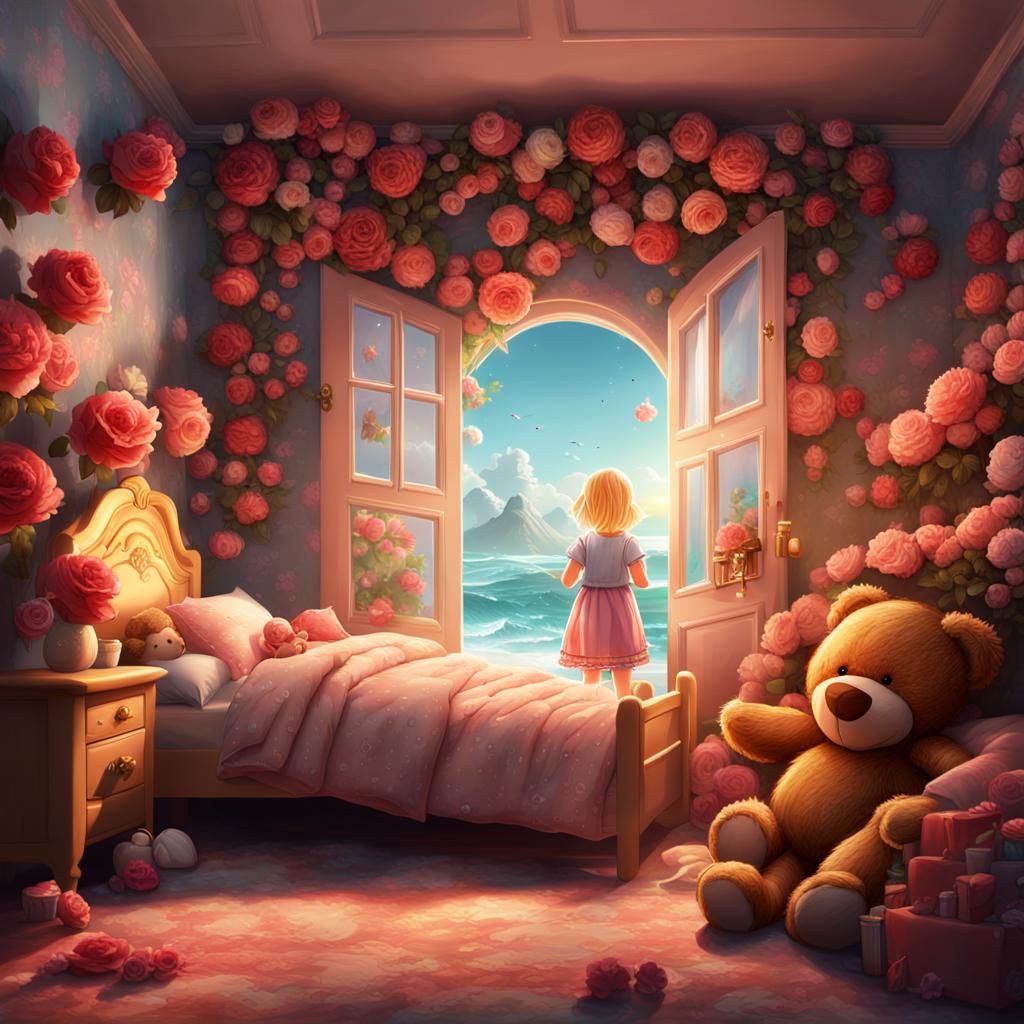 Girl in Dreamy Rose Garden Fantasy Scene