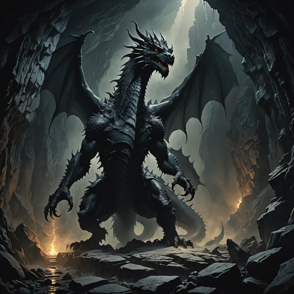Monstrous Black Dragon Dominates Dark Cave