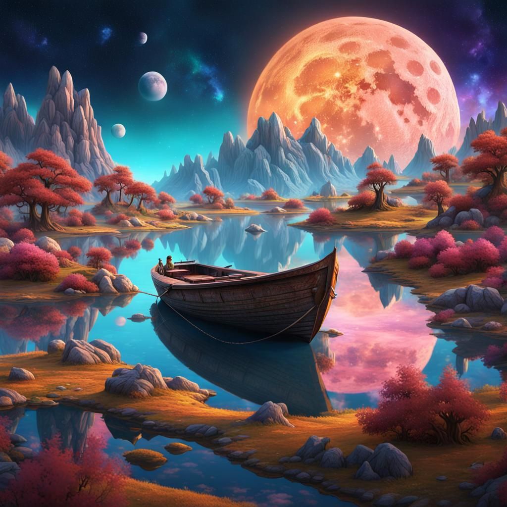 A wooden boat sailing on alien planet