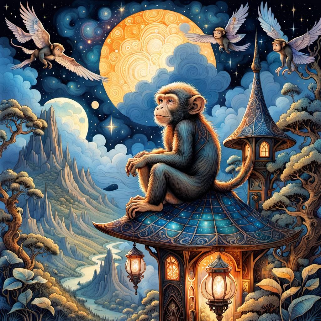 Enchanted Monkey Wizard Under the Starry Night Sky