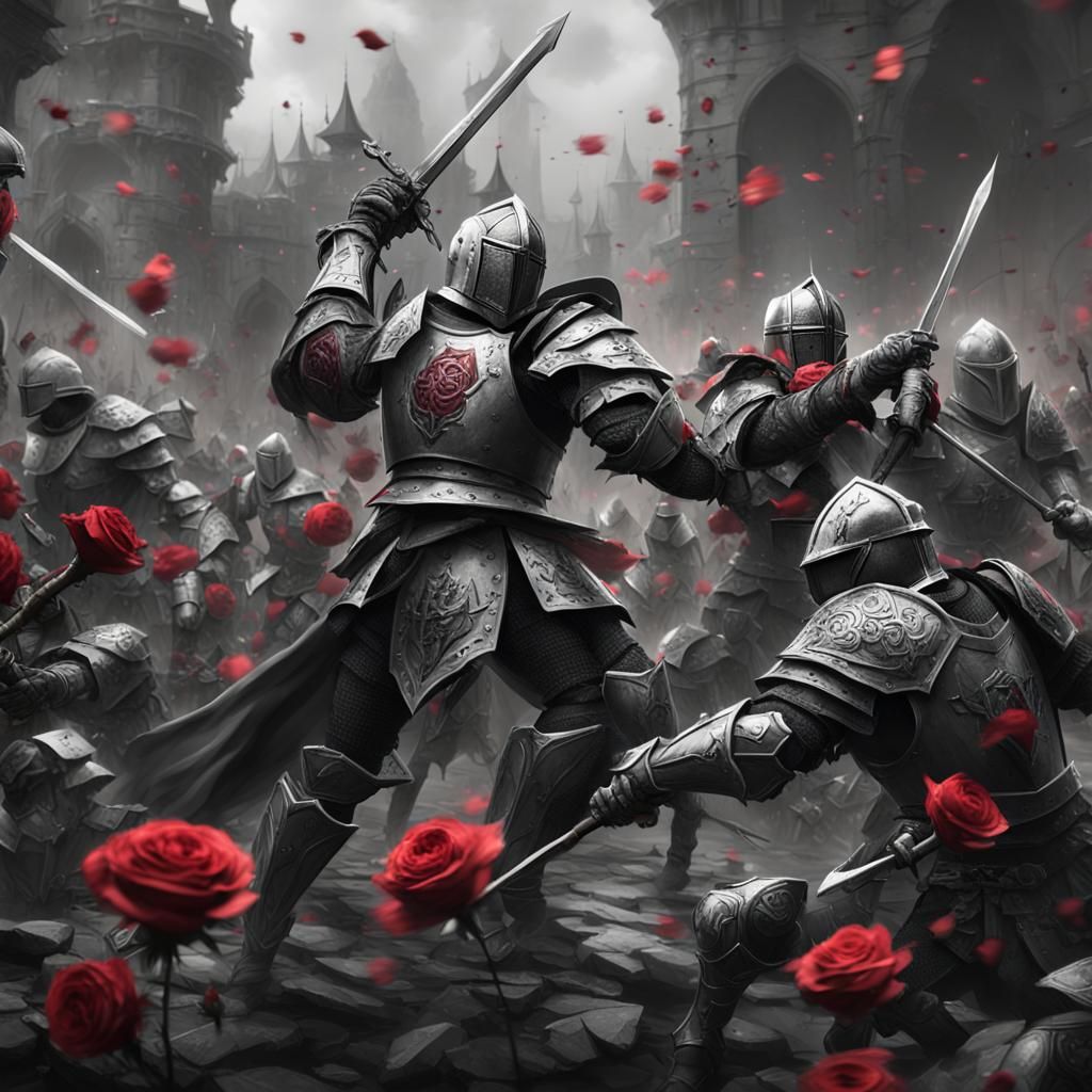 Knights Engaged in a Battle of Roses in a Fantastical Mediev...